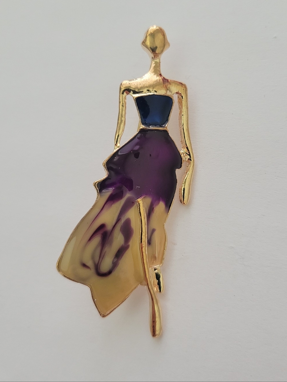Lady Brooch Pin Enamel Black Purple Dress Fashion Gold Plated 2.5" Retro Elegant